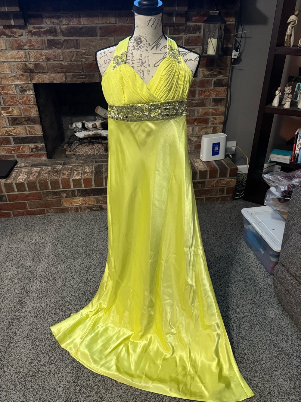 Morgan & Co. Bright Yellow Halter Prom Gown with Beaded Waist